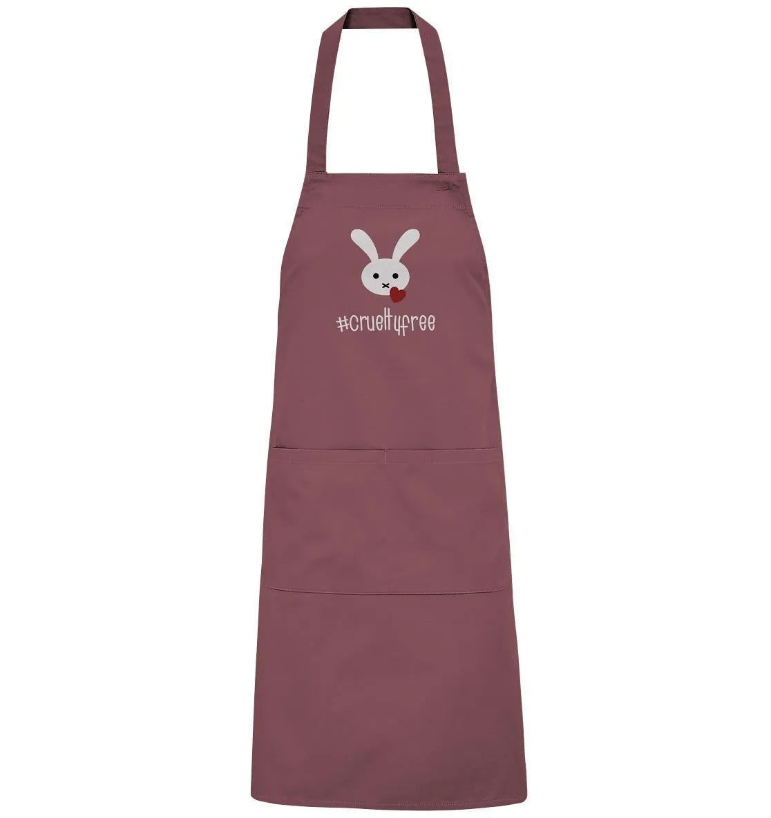 Weinrote Schürze mit Hasenmotiv und #crueltyfree, breite Träger, lange Latzform