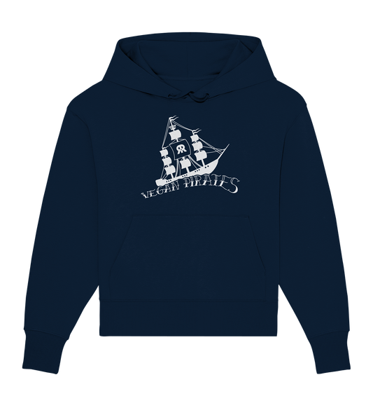 Vegan, Organic & Recycled Oversized Hoodie: Vegan Pirates (Piratenschiff und Schriftzug in Wellenform) in Blau