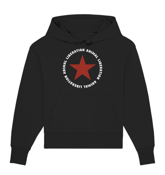 Vegan, Organic & Recycled Oversized Hoodie: Red Star and Animal Liberation (bedruckt mit großem roten Stern und Schriftzug darum, Vegan Merch, Veganismus, Animal Rights) in schwarz