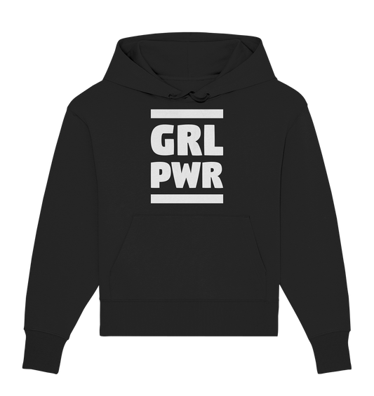 Vegan, Organic & Recycled Oversized Hoodie: GIRL POWER - Design mit feministischer Message (bedruckt mit GIRL POWER ohne Vokale und zwei fette Balken, Feminismus Merch, feministische Prints, feministische Kleidung, Gleichberechtigung für Frauen) in schwarz