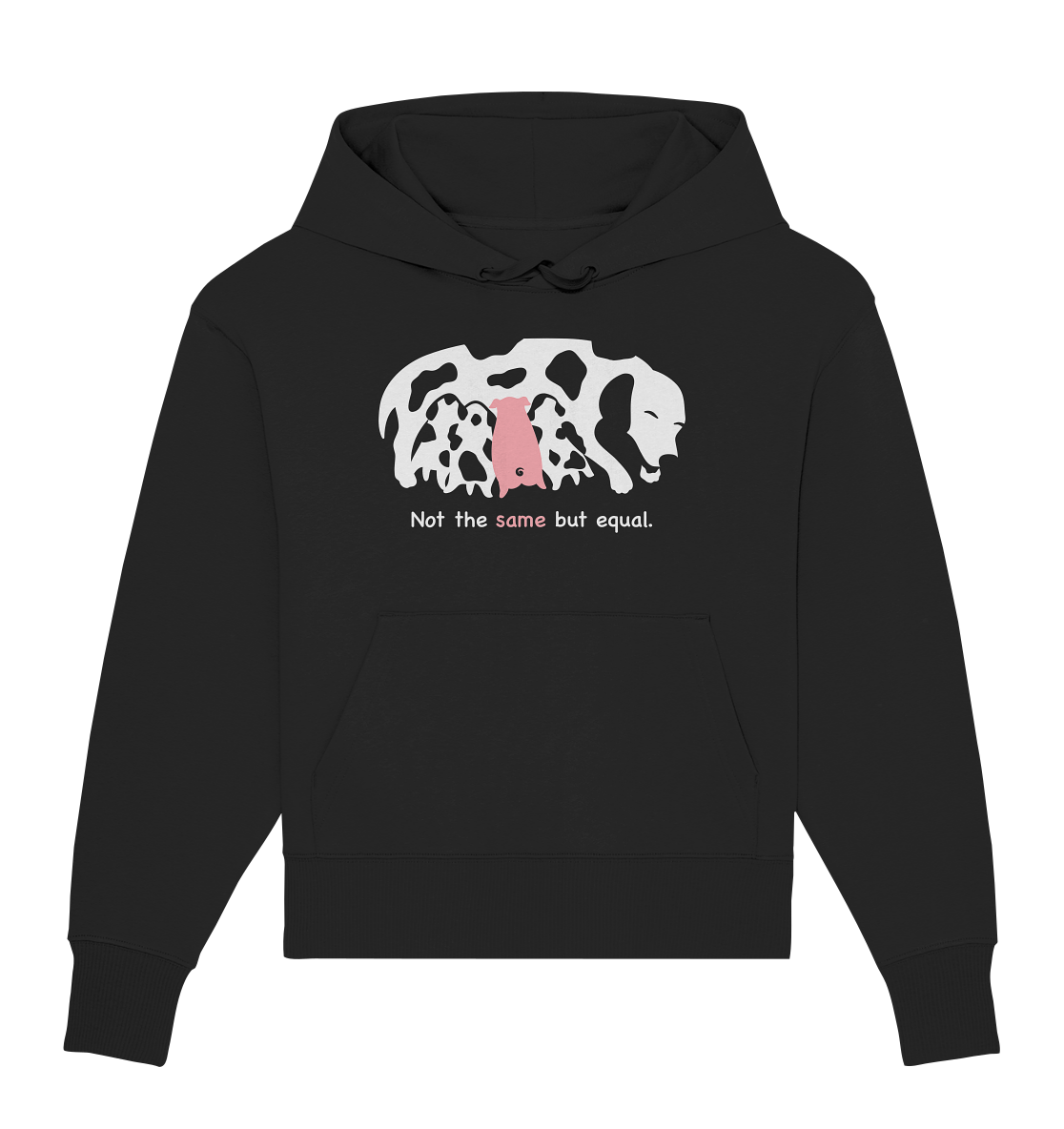 Vegan, Organic & Recycled Oversized Hoodie: Animal equality (Hundemama säugt Welpen und Schweinchen, Schriftzug, in weiß und rosa) in schwarz