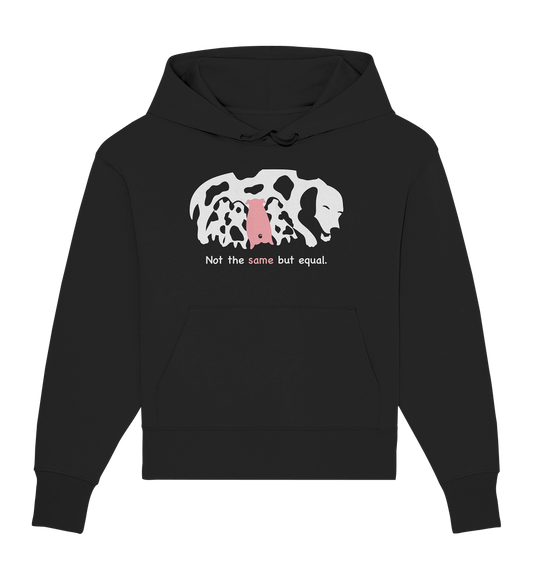 Vegan, Organic & Recycled Oversized Hoodie: Animal equality (Hundemama säugt Welpen und Schweinchen, Schriftzug, in weiß und rosa) in schwarz