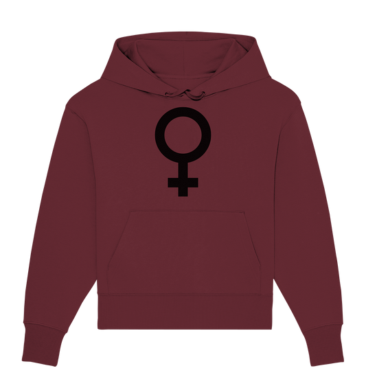 Vegan, Organic & Recycled Oversized Hoodie: Das Venus Symbol als Zeichen für den Feminismus (bedruckt mit Weiblichkeitssymbol Venus in der Mitte Feminismus Merch, feministische Kleidung, Matriarchat) in dunkelrot