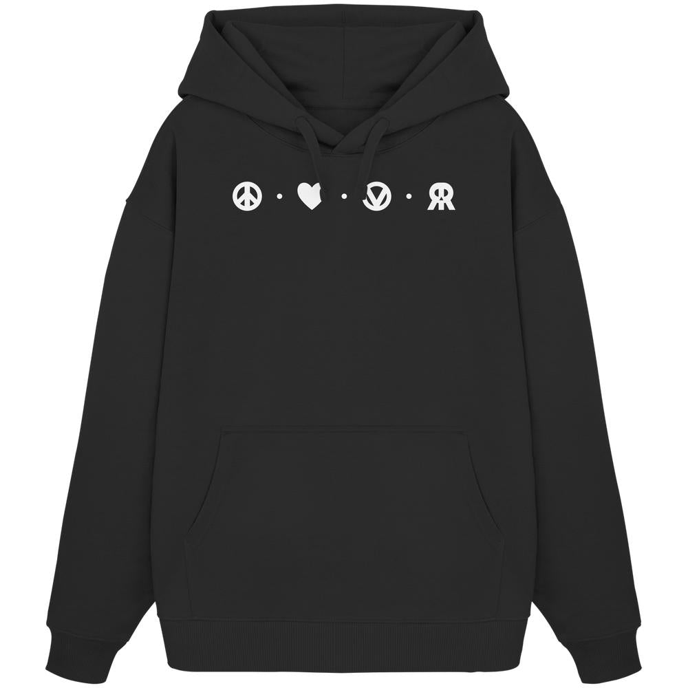 Schwarzer Oversized-Hoodie aus Bio-Baumwolle mit Peace - Love - Veganism - RUDE REBEL Design, vier Icons auf der Brust: Friedenszeichen, Herz, V-Logo, doppelte „R“.