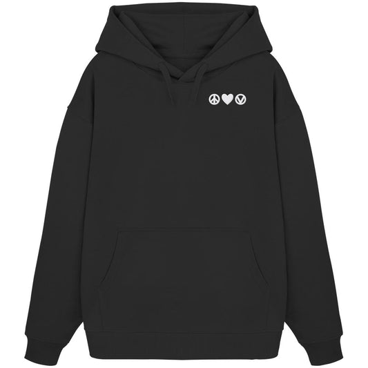 Vegan und Bio Oversized Hoodie bestickt: Peace - Love - Veganism. Schwarzer Hoodie mit Kängurutasche, drei weißen Symbolen: Friedenszeichen, Herz, V für Veganismus.