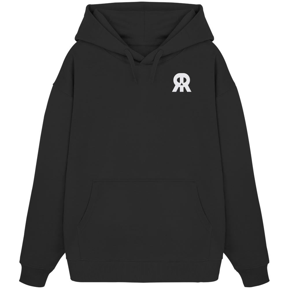 Vegan und Bio Oversized Hoodie bestickt: RUDE REBEL Skull mit kleinem weißen RR Logo auf der Brust, Kängurutasche und Kapuze mit Kordeln.