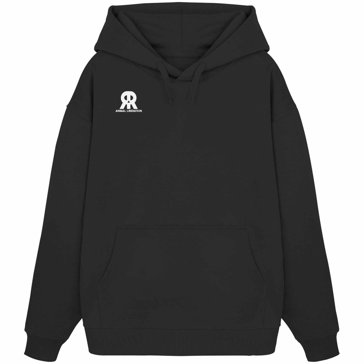 Vegan und Bio Oversized Hoodie: RUDE REBEL Skull - Animal Liberation, schwarzer Hoodie mit weißem Logo, Kapuze und Kängurutasche, aus 100% Bio-Baumwolle, rebellisches Design.