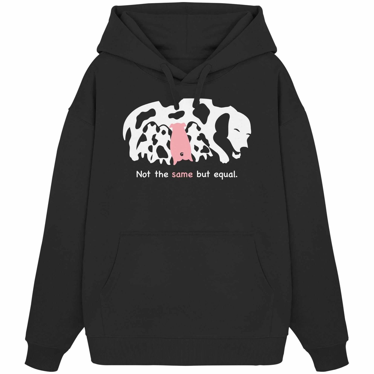 Vegan und Bio Oversized Hoodie: Animal equality mit Kapuze, Kängurutasche und Hundemotiv, das ein Ferkel adoptiert hat, aus 100% Bio-Baumwolle.