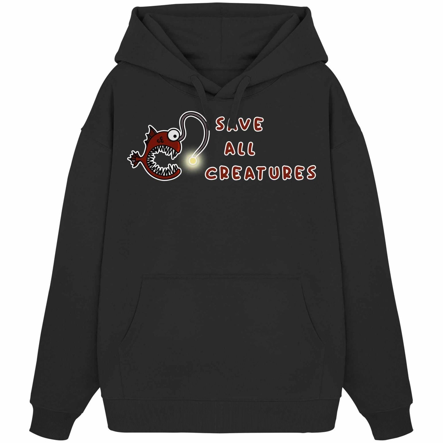 Vegan und Bio Oversized Hoodie: Weird Frogfish, mit Cartoon-Anglerfisch-Design, Kängurutasche und Kapuze, aus 100% Bio-Baumwolle, repräsentiert Tierschutz und Nachhaltigkeit.