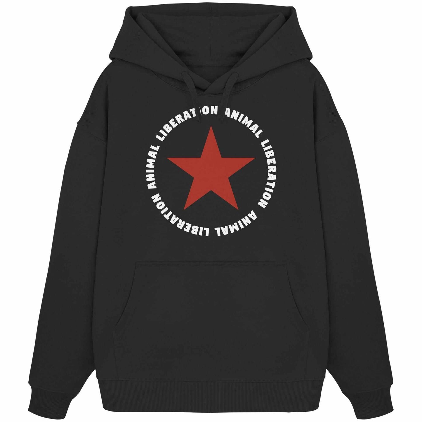 Vegan und Bio Oversized Hoodie mit rotem Stern und Botschaft zur Animal Liberation, aus Bio-Baumwolle, mit Kapuze und Kängurutasche.