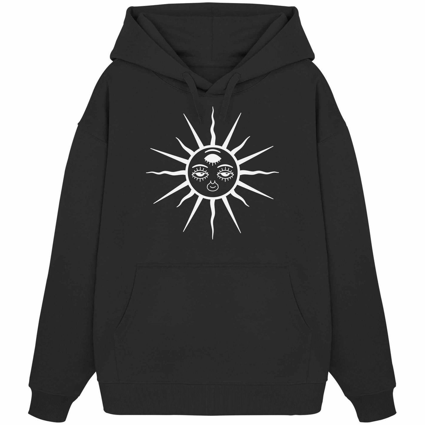 Vegan und Bio Oversized Hoodie: The Sun - Third Eye Awakening mit Sonnen- und Gesichtsmotiv, Kängurutasche und Kapuze; ideal für nachhaltige, rebellische Mode.