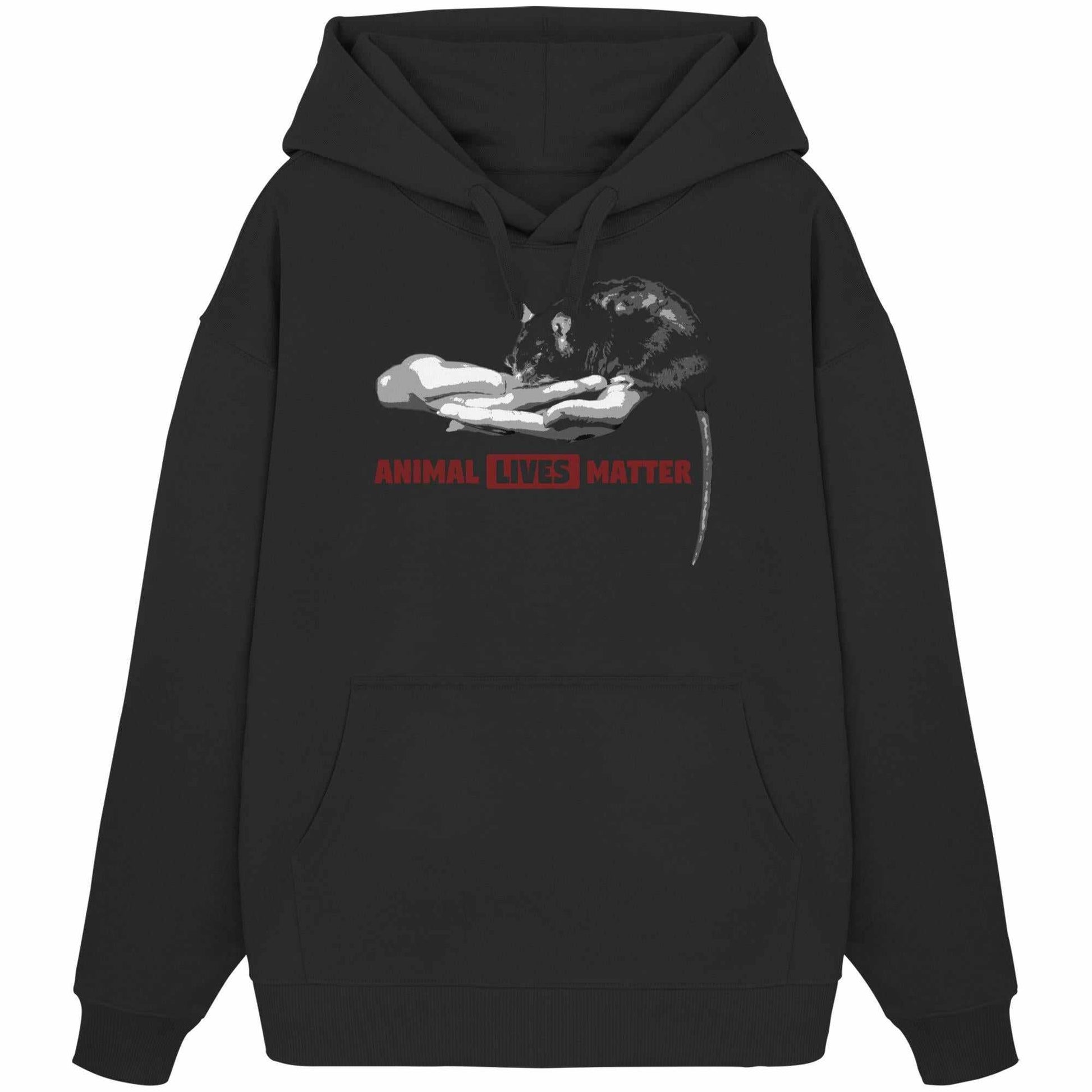 Vegan und Bio Oversized Hoodie: ANIMAL LIVES MATTER mit Katzenmotiv, aus 100% Bio-Baumwolle, Kapuze und Kängurutasche, designt von RUDE REBEL.