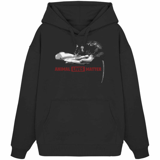 Vegan und Bio Oversized Hoodie: ANIMAL LIVES MATTER mit Katzenmotiv, aus 100% Bio-Baumwolle, Kapuze und Kängurutasche, designt von RUDE REBEL.