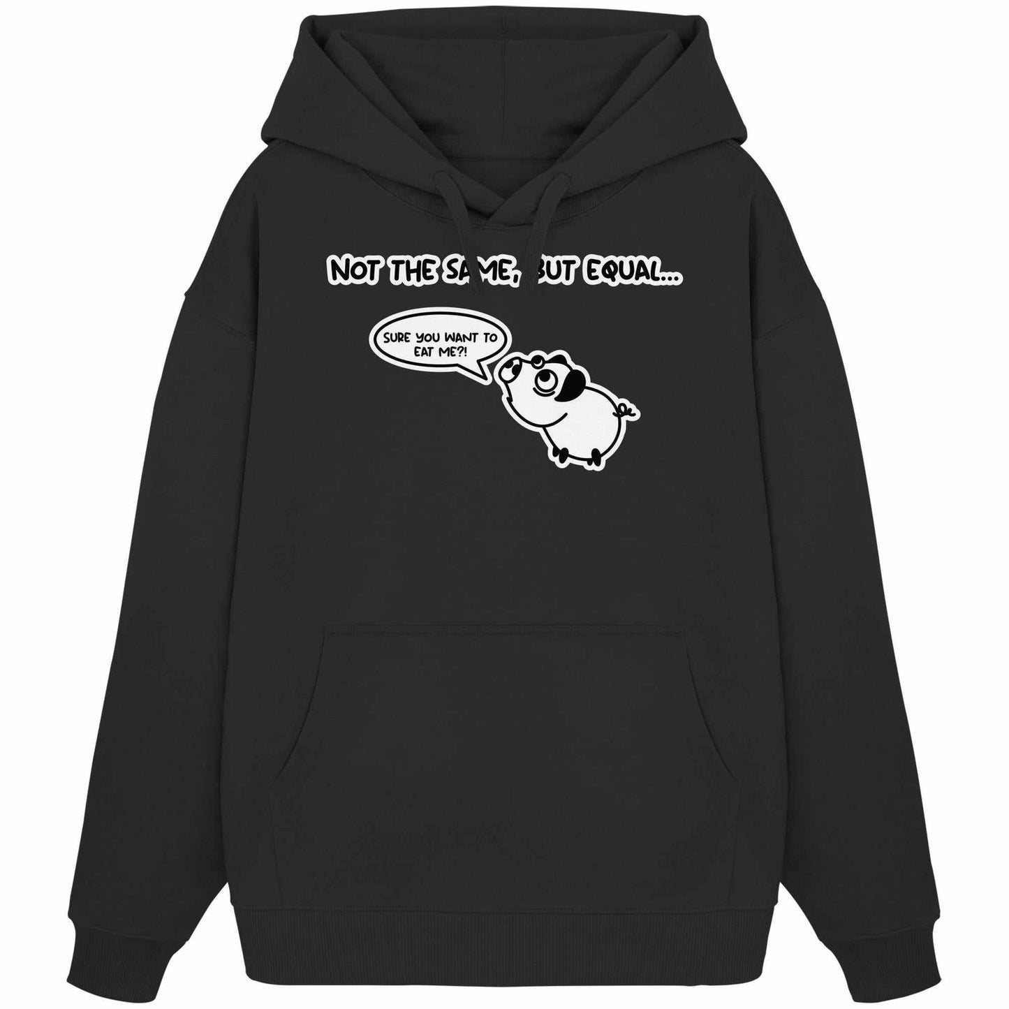 Vegan und Bio Oversized Hoodie mit Cartoon-Schwein und Sprechblase, 100% Bio-Baumwolle, rebellisches Design von RUDE REBEL, thematisiert Tierrechte und Veganismus.