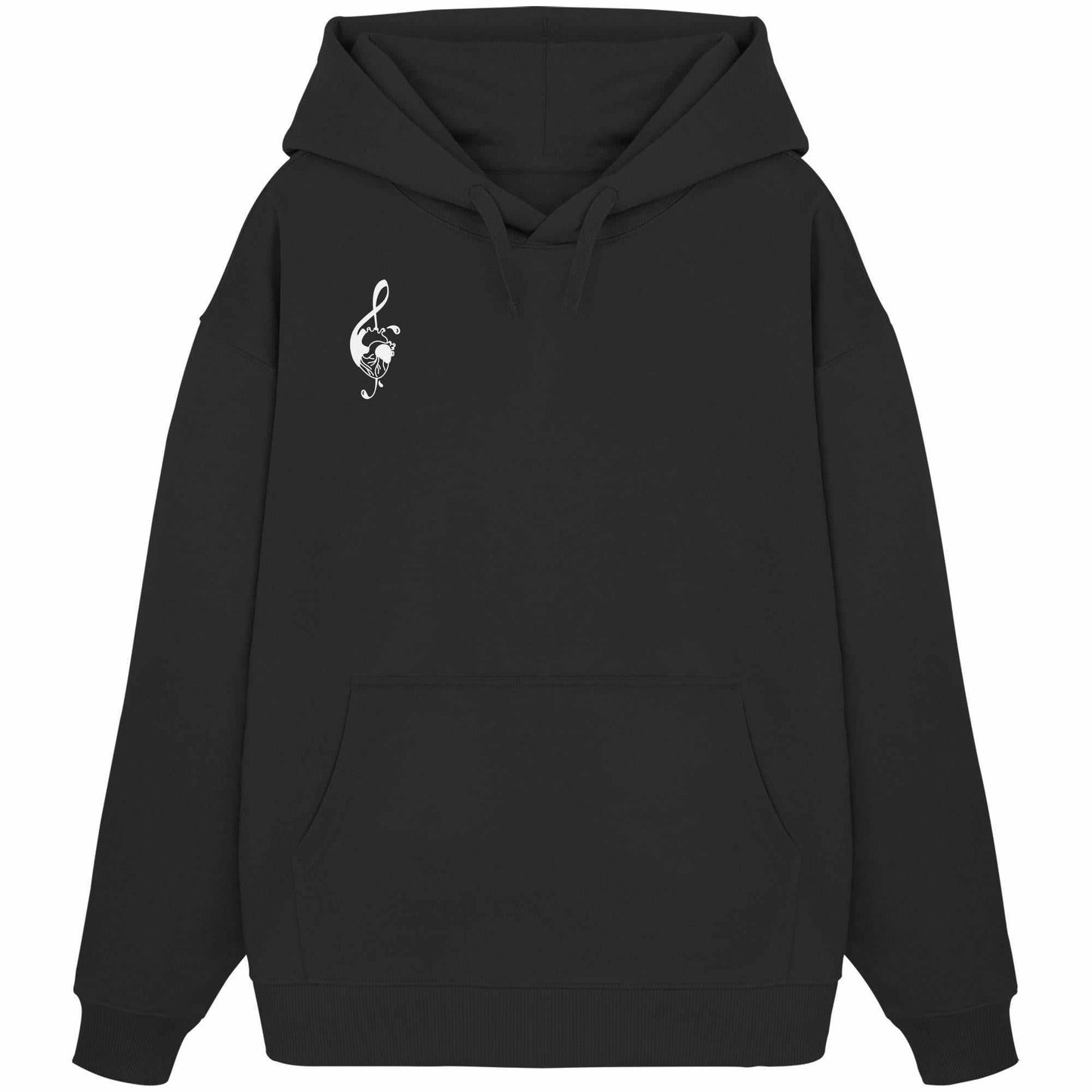 Vegan und Bio Oversized Hoodie: Music Heart mit weißem Logo, Kapuze und Kängurutasche. Hergestellt aus 100% Bio-Baumwolle, rebellisches Design von RUDE REBEL.