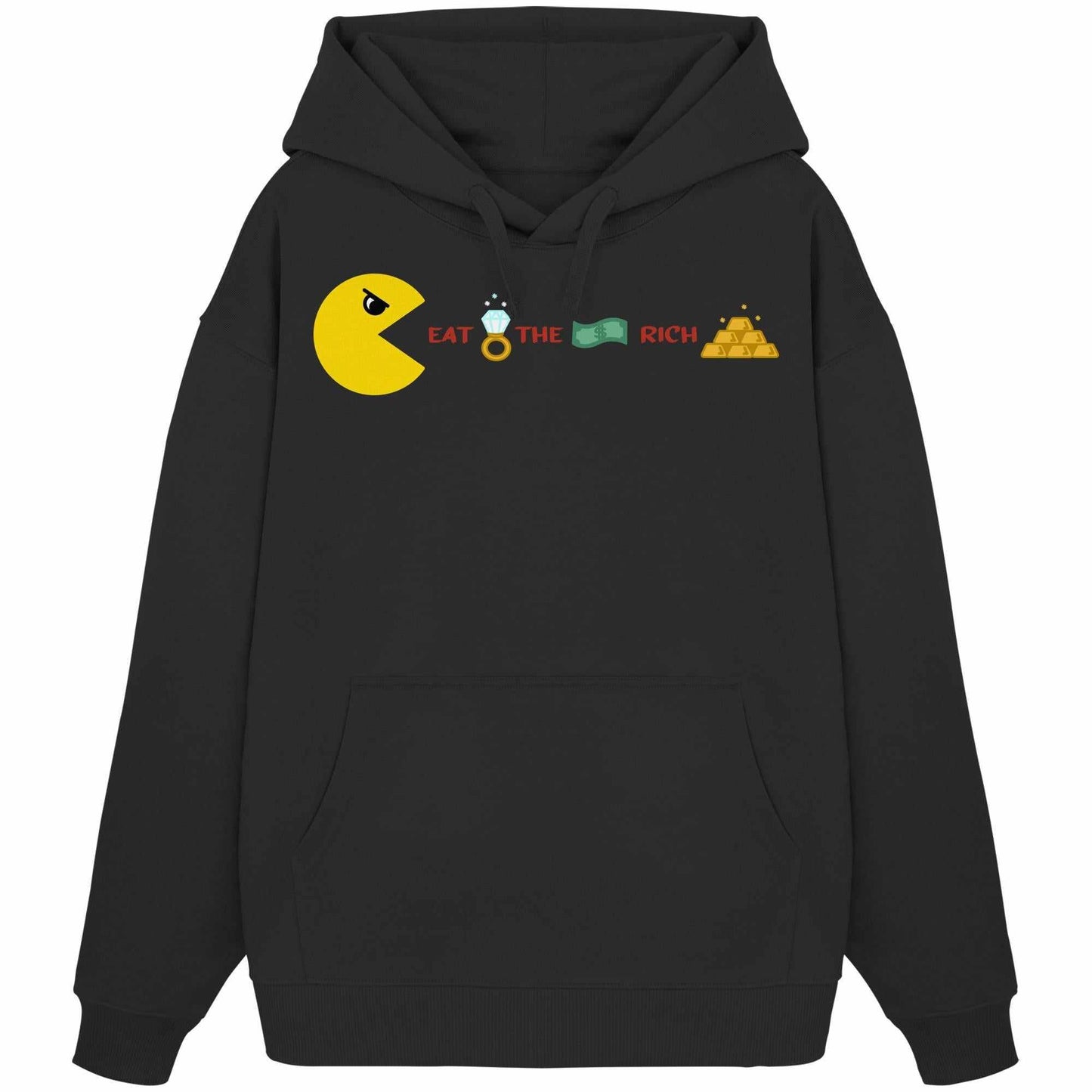 Vegan und Bio Oversized Hoodie: PAC-MAN - Eat the rich mit gelbem Pac-Man-Motiv und goldenen Barren, hergestellt aus 100% Bio-Baumwolle, Kapuze und Kängurutasche vorne.