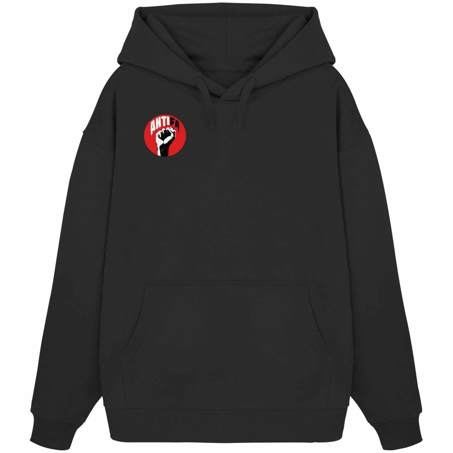 Vegan und Bio Oversized Hoodie: Antifa - Gemeinsam gegen Rechts mit roter Faust und weißem Text, Kapuze, Kängurutasche, aus 100% Bio-Baumwolle, rebellisches Design.