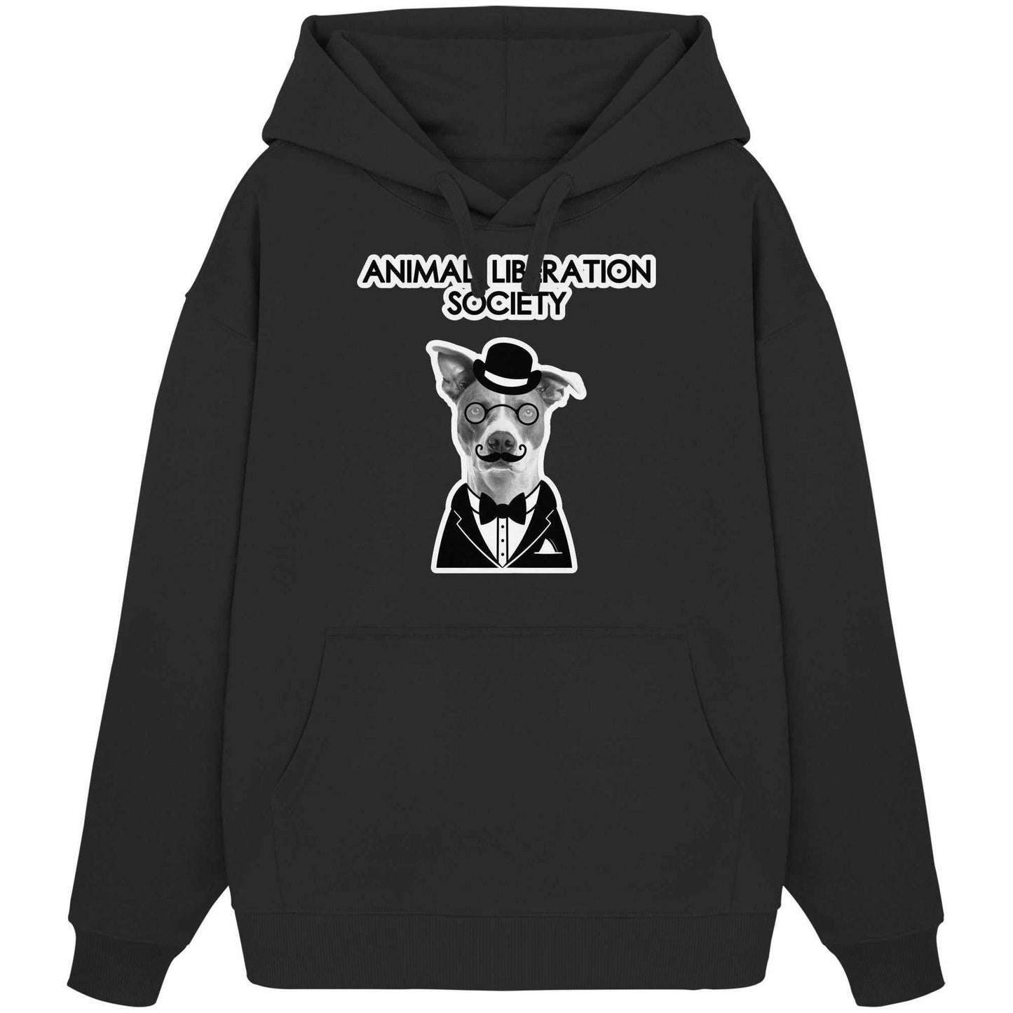 Vegan und Bio Oversized Hoodie: Mr. Dog - Animal Liberation Society mit Hundemotiv, Brille und Schnurrbart. Oversized Schnitt, Bio-Baumwolle, Kängurutasche, Kapuze.