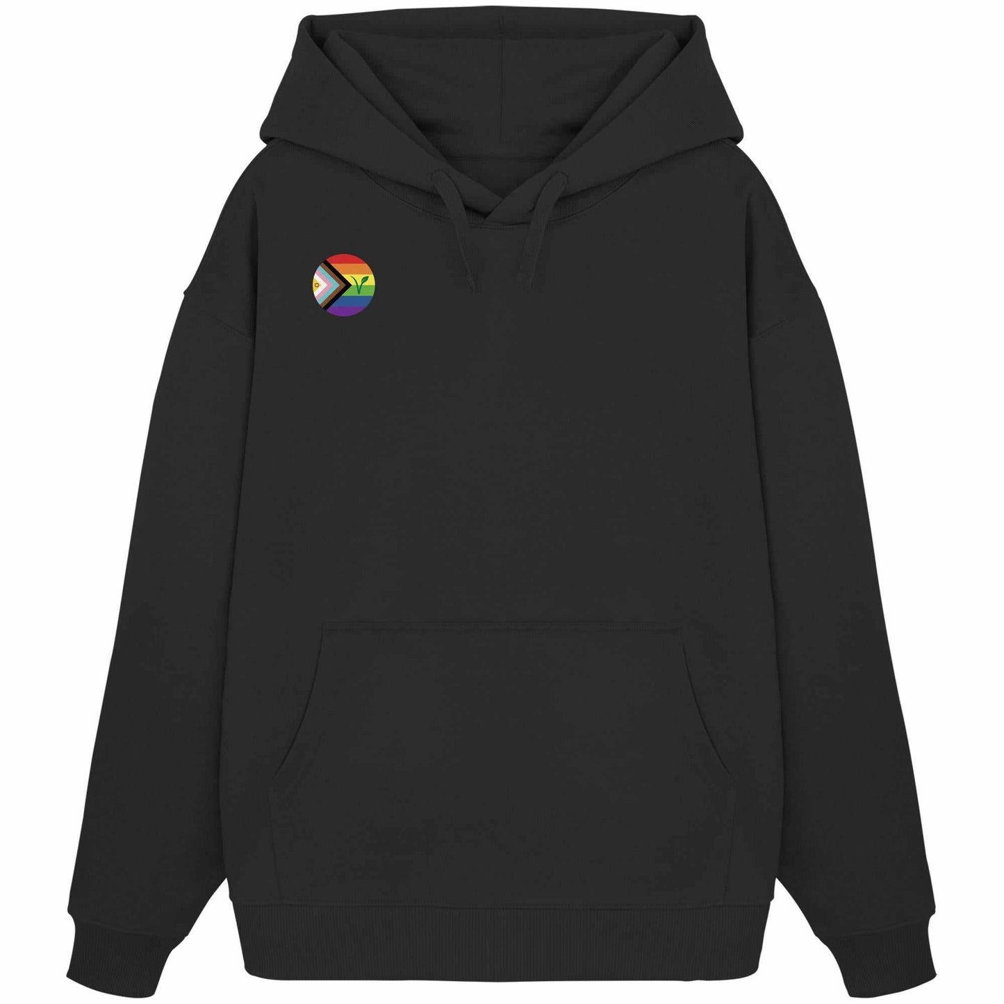 Vegan und Bio Oversized Hoodie: LGBTQIA+ VEGAN mit Regenbogen-Logo und grünem Blatt, aus 100% Bio-Baumwolle, Kapuze und Kängurutasche, rebellisches Design von RUDE REBEL.