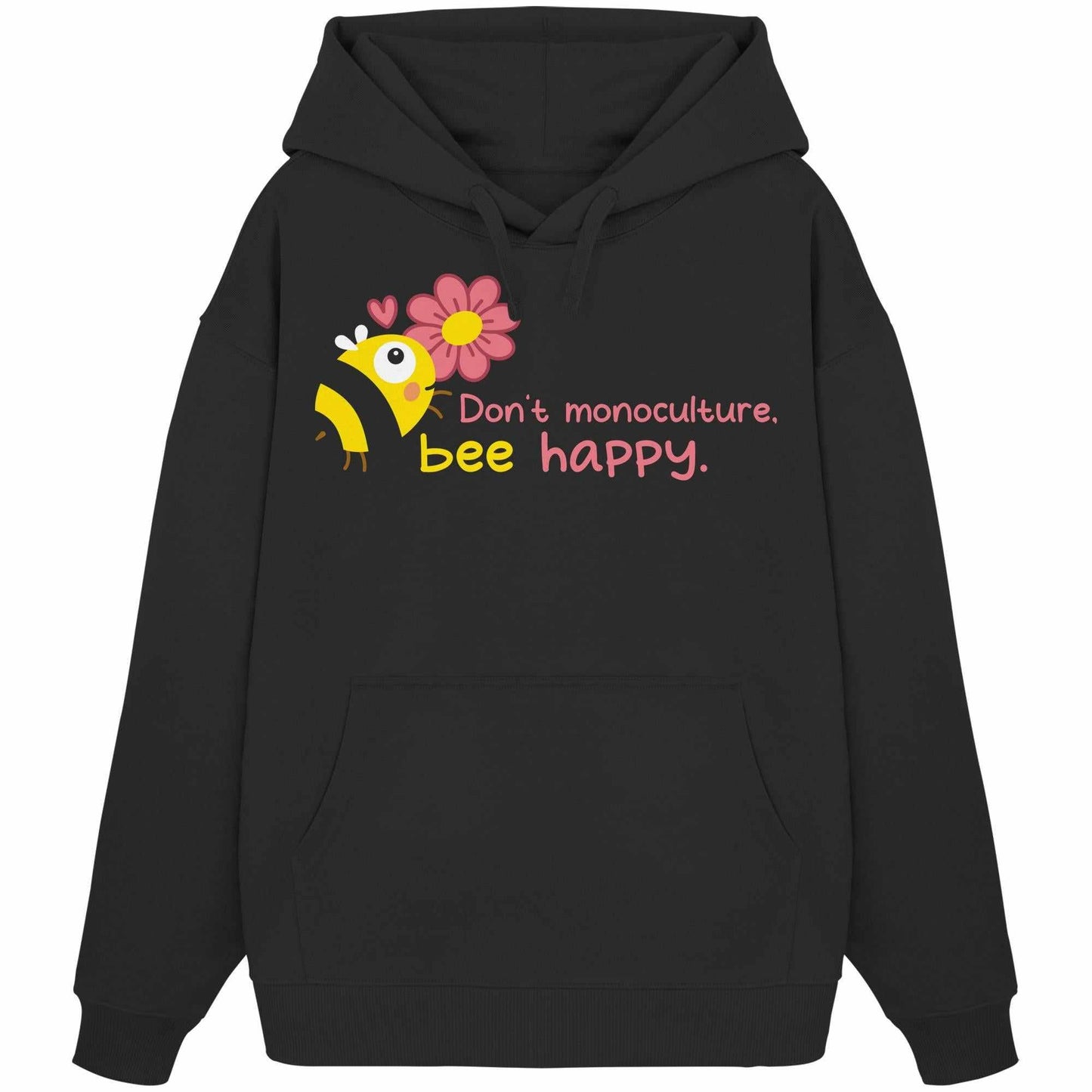 Vegan und Bio Oversized Hoodie: Save the bees, mit Cartoon-Biene und Blume, aus 100% Bio-Baumwolle, Kängurutasche, Kapuze; betont Artenvielfalt und Umweltschutz.