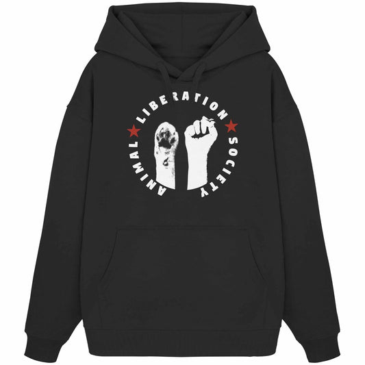 Vegan und Bio Oversized Hoodie: Raise paw and fist for Animal Liberation! Schwarzer Hoodie mit weißem Logo, Faust und Pfote, aus 100% Bio-Baumwolle, Kängurutasche vorne.