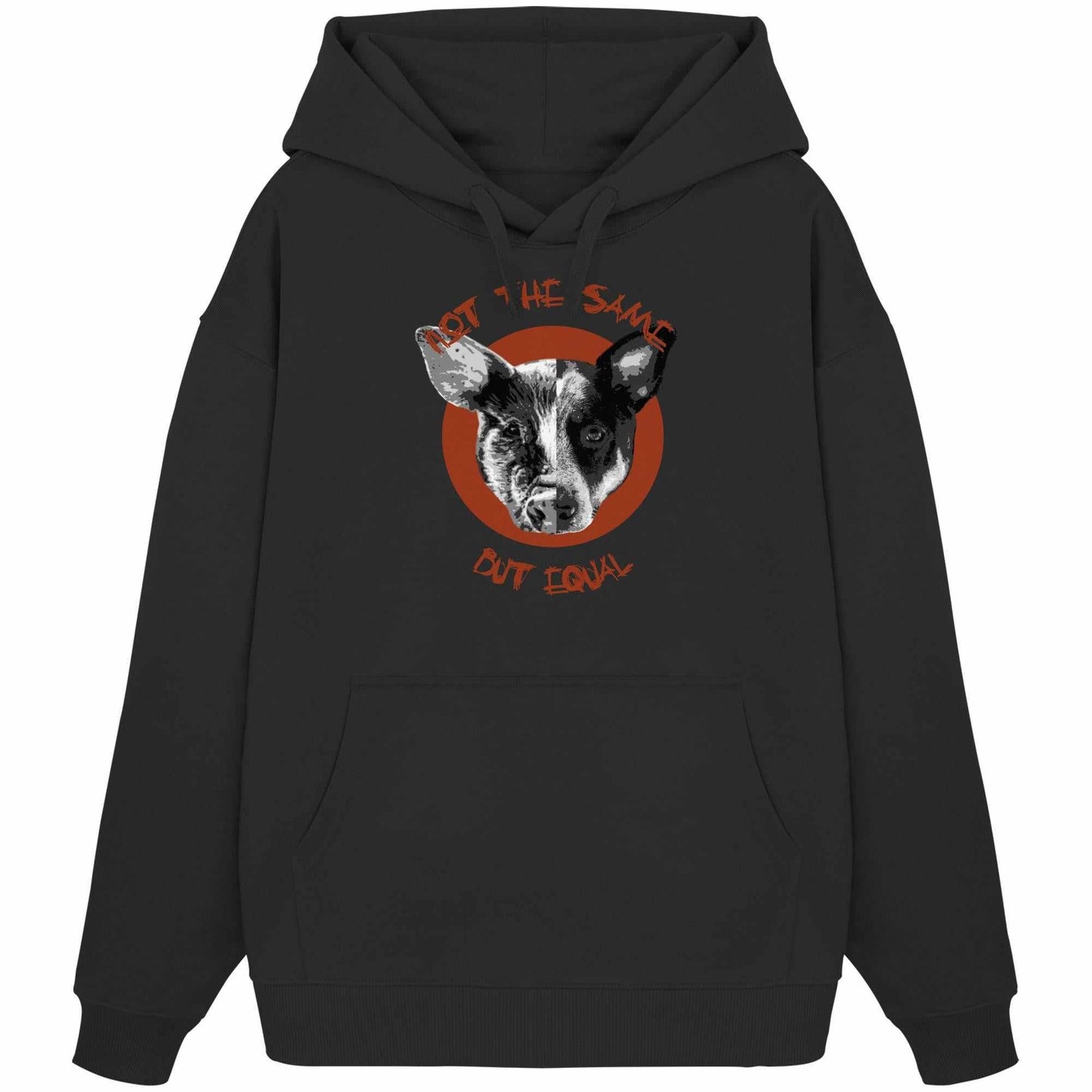 Vegan und Bio Oversized Hoodie mit Hund und Schwein Collage, Kapuze, Kängurutasche, thematisiert Tiergleichheit. Hergestellt aus 100% Bio-Baumwolle.