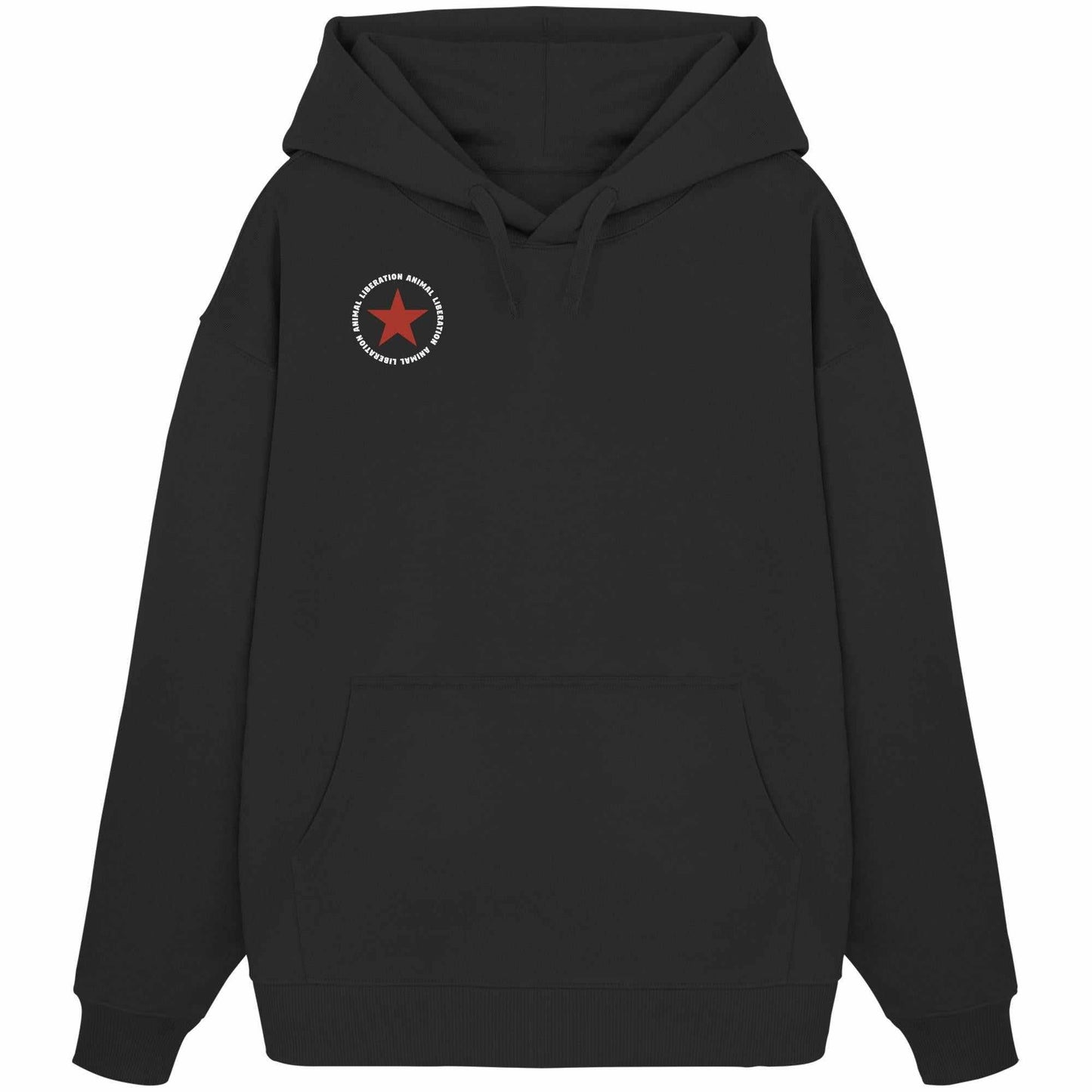 Vegan und Bio Oversized Hoodie: Red Star - Animal Liberation, schwarzer Hoodie mit rotem Stern, Kängurutasche, Kapuze, aus 100% Bio-Baumwolle, rebellisches Design.