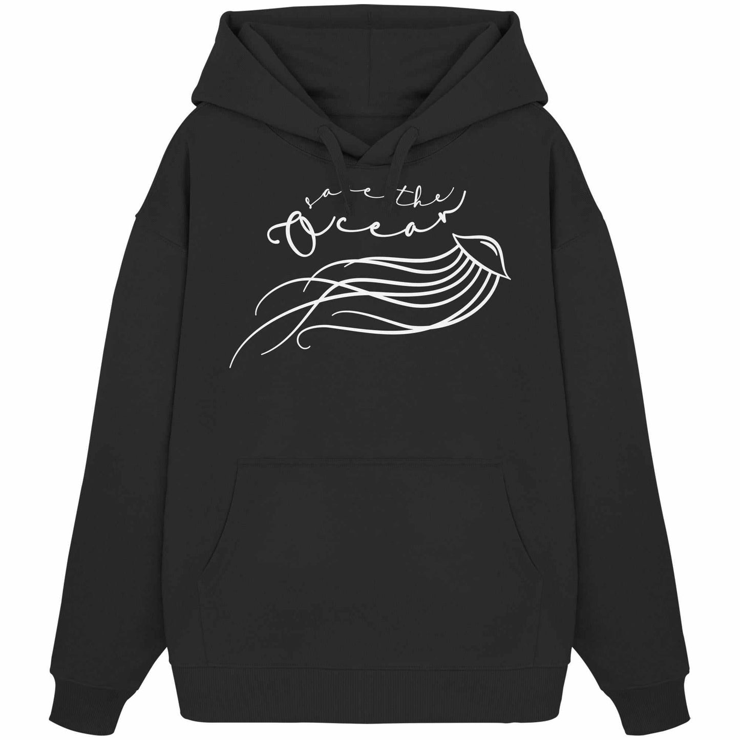 Vegan und Bio Oversized Hoodie: Jellyfish - Save the Ocean, schwarzer Hoodie mit weißem Quallen-Design, Kängurutasche und Kapuze, aus 100% Bio-Baumwolle, von RUDE REBEL.