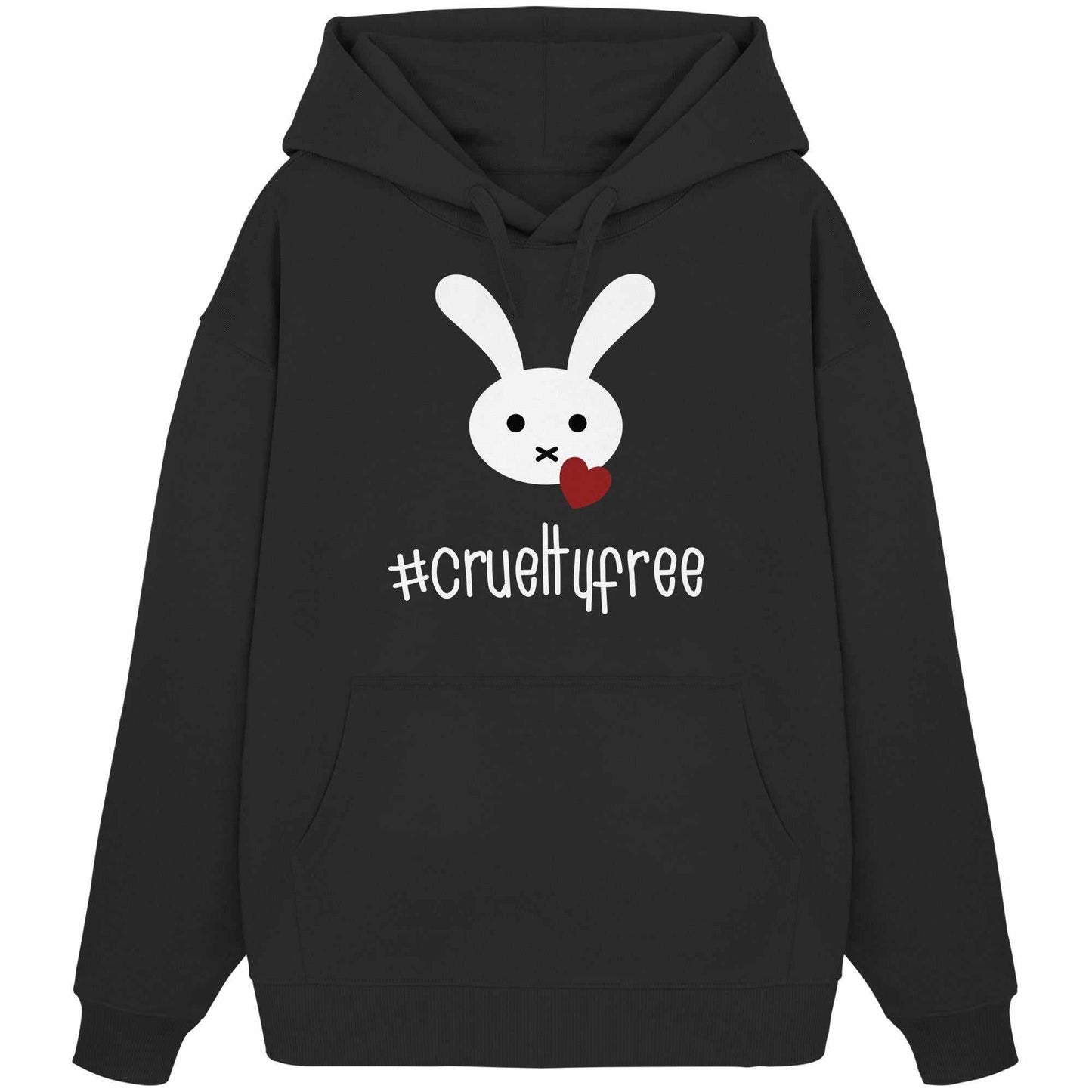 Vegan und Bio Oversized Hoodie: Crueltyfree Bunny BIG, schwarzer Hoodie mit weißem Kaninchenmotiv und rotem Herz, aus 100% Bio-Baumwolle, Kapuze, Kängurutasche.