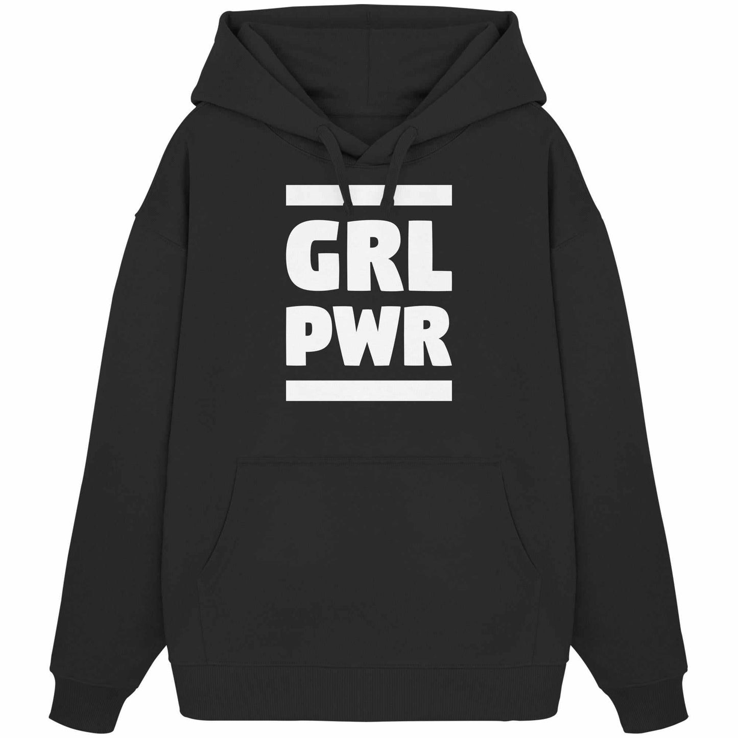 Vegan und Bio Oversized Hoodie: GIRL POWER - Schwarzer Hoodie mit feministischer Botschaft und Kängurutasche, aus 100% Bio-Baumwolle, oversized Schnitt.