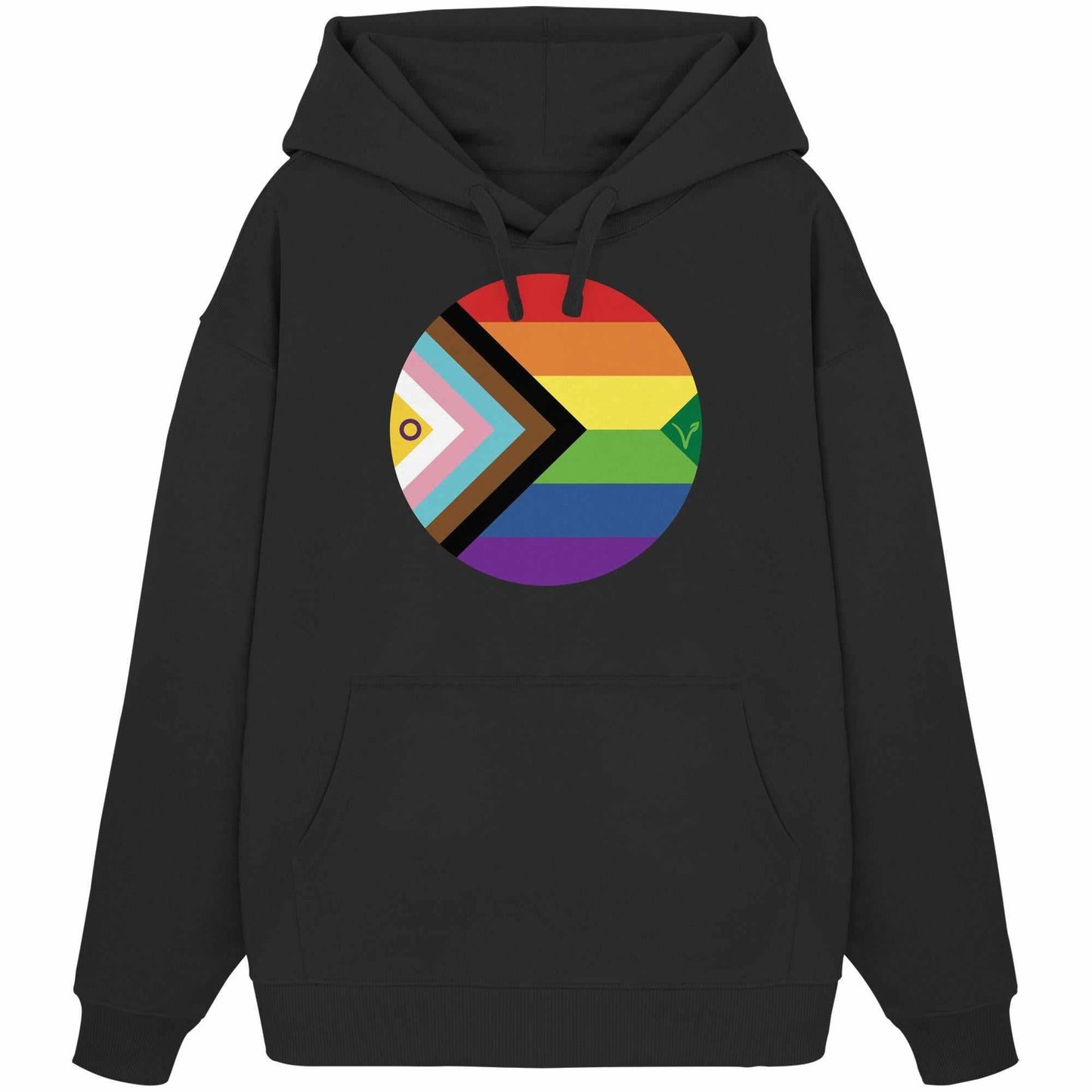 Vegan und Bio Oversized Hoodie mit LGBTQAI+ Veganismus-Design, schwarze Kapuze, Regenbogenkreis vorn, aus 100% Bio-Baumwolle, Kängurutasche.