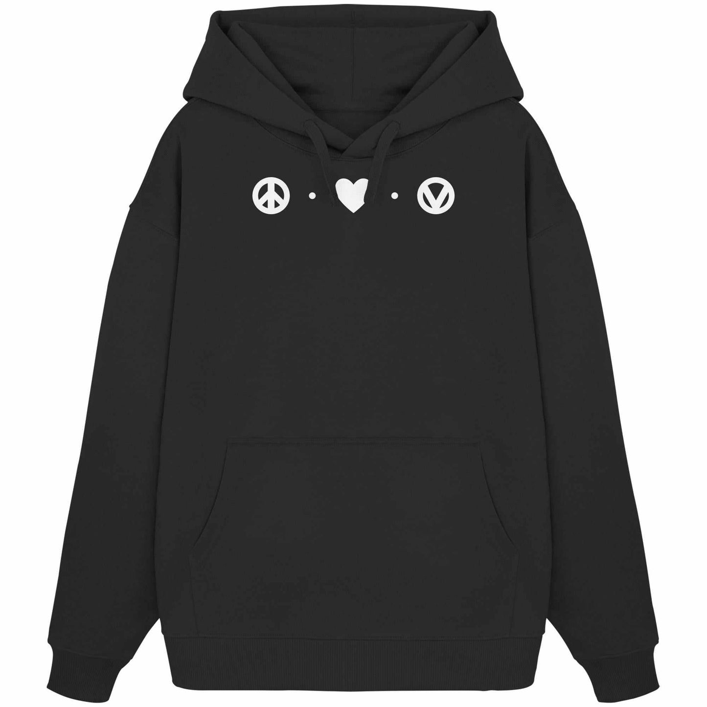 Vegan und Bio Oversized Hoodie: Love - Peace - Veganism aus 100% Bio-Baumwolle, mit weißem Peace-Symbol und Kängurutasche, im lässigen, aussagekräftigen Design.