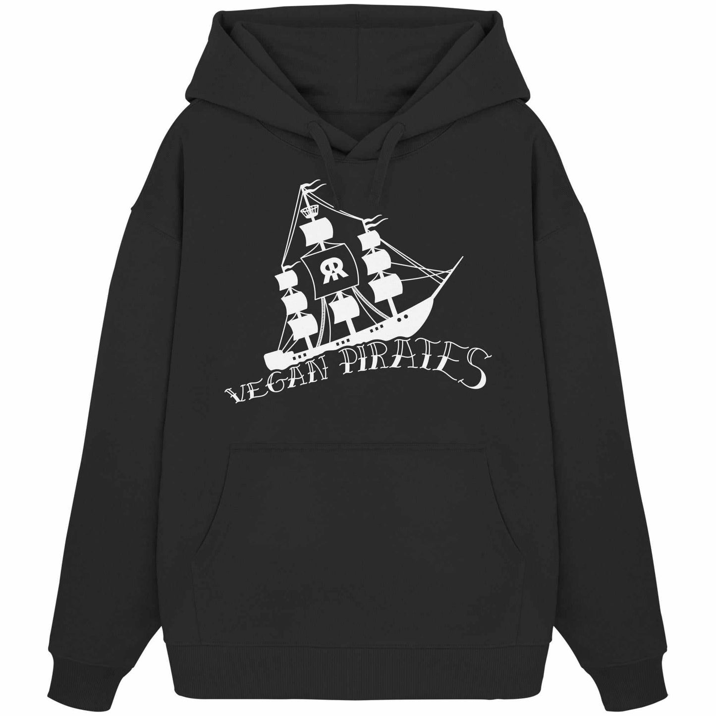 Vegan und Bio Oversized Hoodie: Vegan Pirates, schwarzer Hoodie mit Piratenschiff-Design, aus 100% Bio-Baumwolle, Kapuze, Kängurutasche, rebellisches vegan-inspiriertes Design von RUDE REBEL.