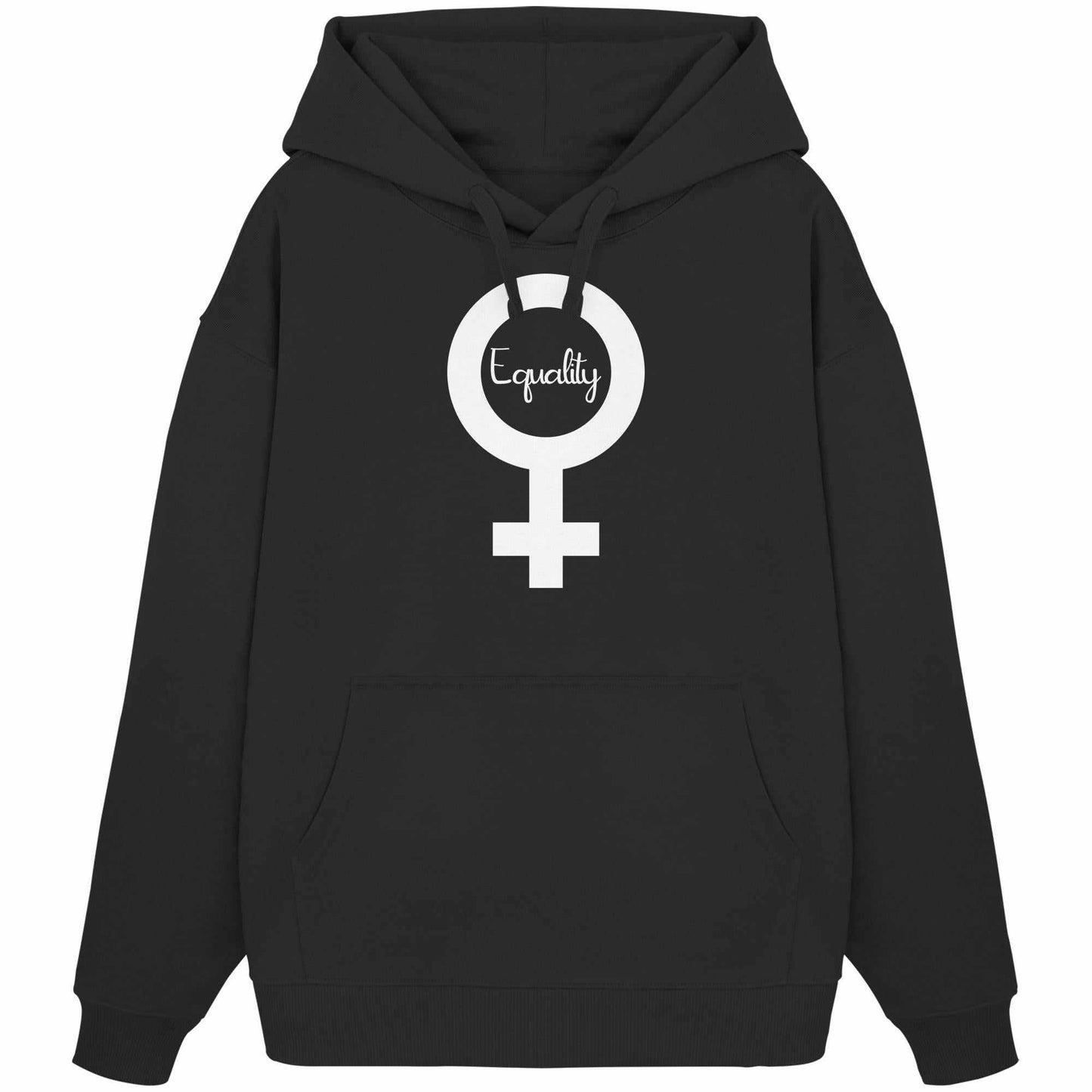 Vegan und Bio Oversized Hoodie mit weißem Symbol, aus 100% Bio-Baumwolle, Kapuze und Kängurutasche, betont Feminismus und Gleichberechtigung, von RUDE REBEL.