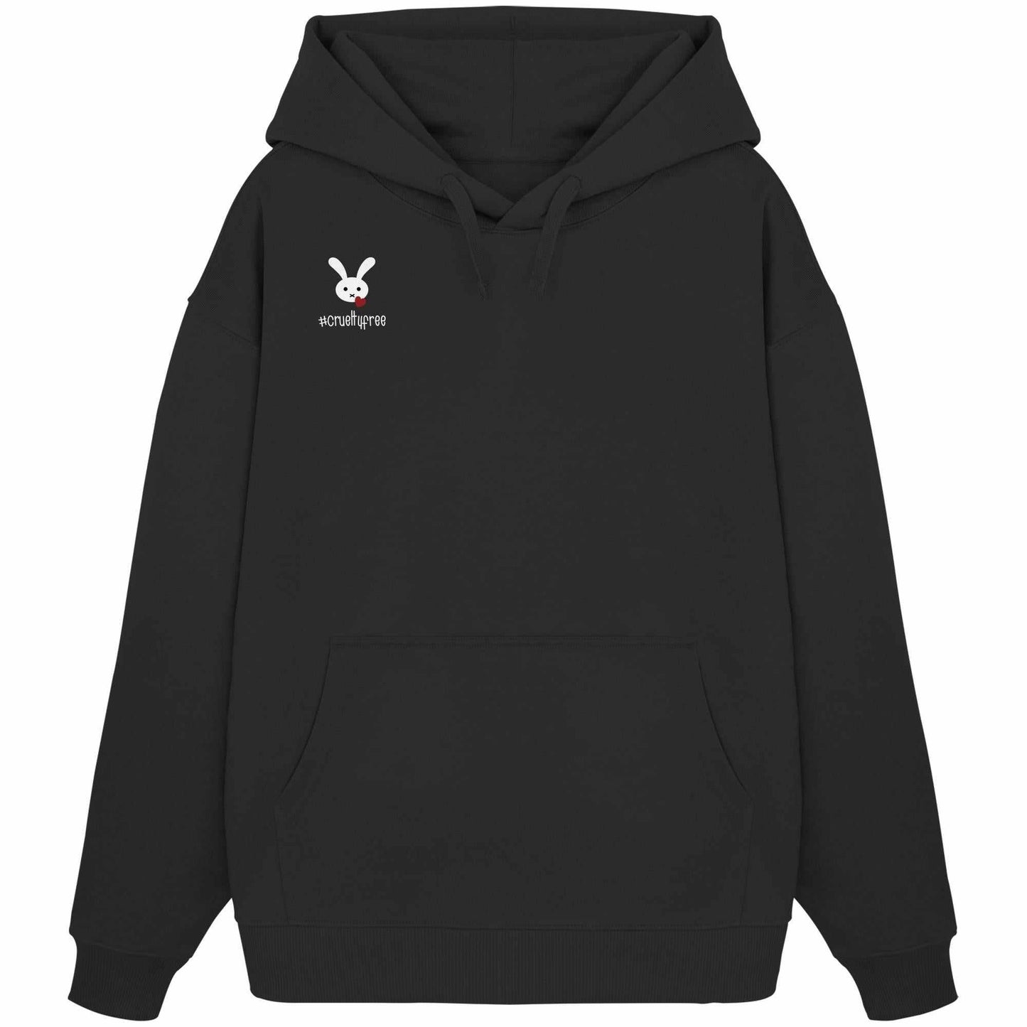 Vegan und Bio Oversized Hoodie: Crueltyfree Bunny mit weißem Kaninchen-Motiv und Herz, aus 100% Bio-Baumwolle, Kapuze und Kängurutasche, von RUDE REBEL.