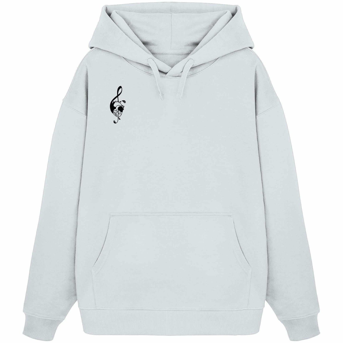 Vegan und Bio Oversized Hoodie: Music Heart, weiß, mit schwarz gezeichnetem Herzmotiv. Aus 100% Bio-Baumwolle, Kängurutasche, Kapuze, rebellisches Design von RUDE REBEL.