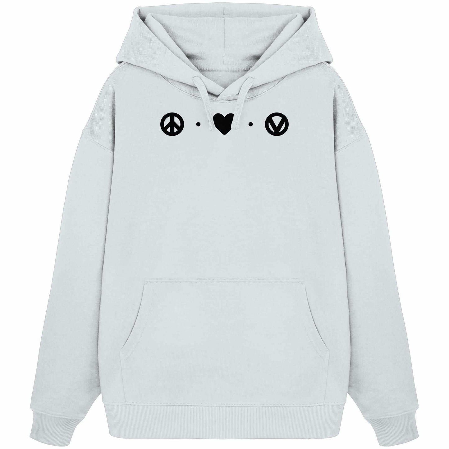 Vegan und Bio Oversized Hoodie: Love - Peace - Veganism, weiß mit schwarzem Peace- und Herzsymbol, Kapuze, Kängurutasche, aus 100% Bio-Baumwolle, oversized geschnitten.