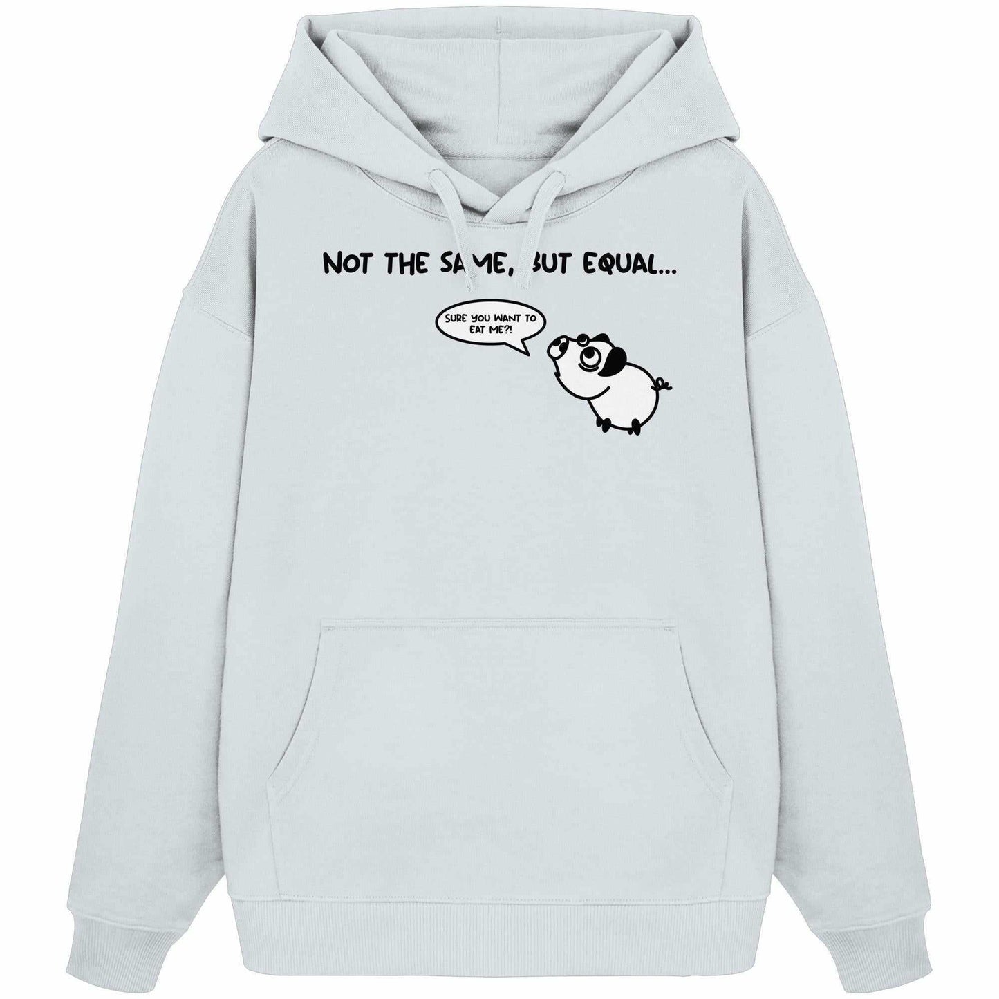 Vegan und Bio Oversized Hoodie mit Cartoon-Schwein, das versucht, Hundelaute zu imitieren. Nachhaltiges Design von RUDE REBEL, aus 100% Bio-Baumwolle.