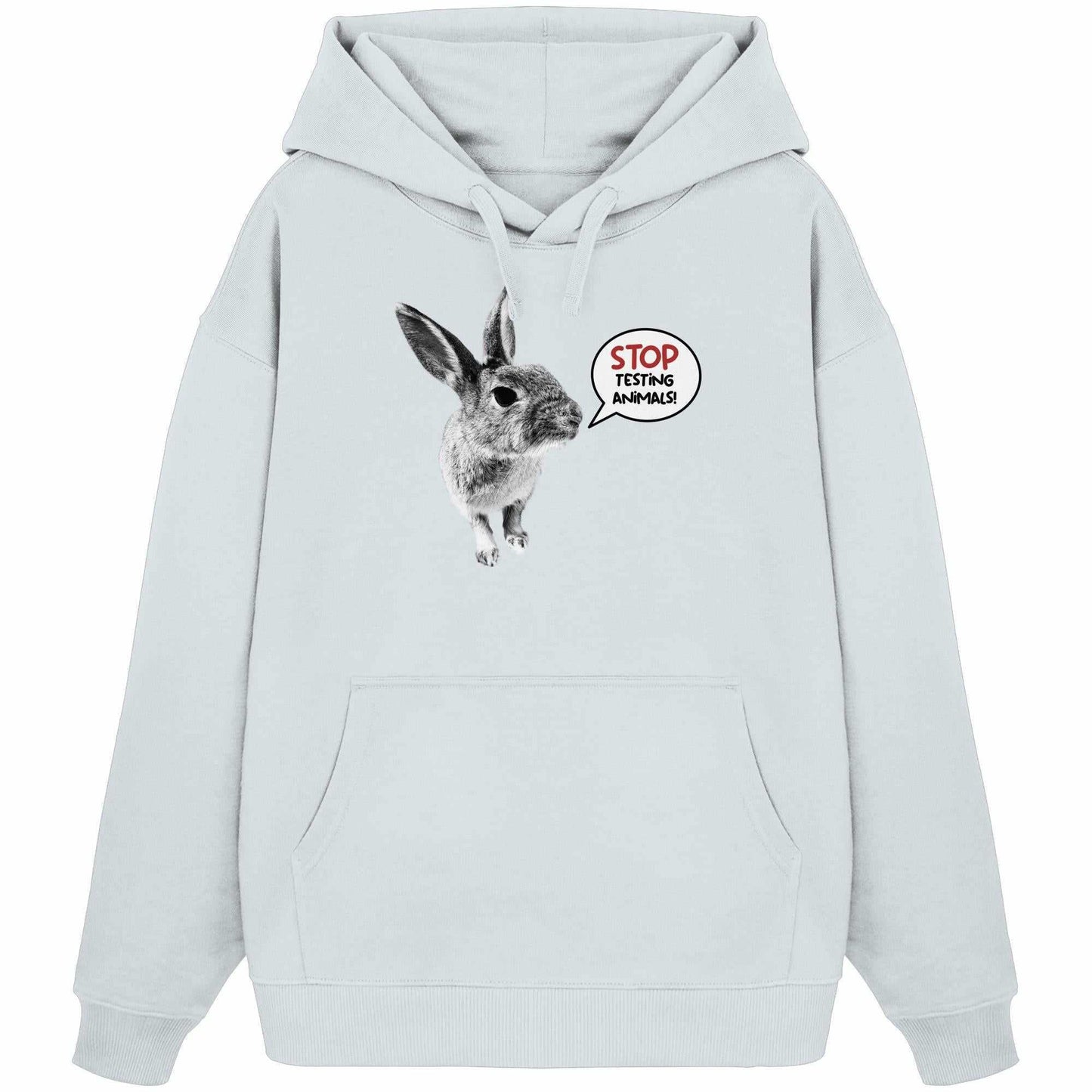 Vegan und Bio Oversized Hoodie mit süßem Hasenmotiv und STOP ANIMAL TESTING!-Botschaft, aus 100% Bio-Baumwolle, Kängurutasche, Kapuze.