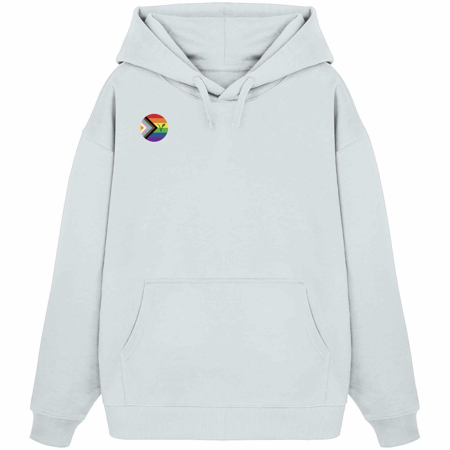 Vegan und Bio Oversized Hoodie: LGBTQIA+ VEGAN, weiß, mit Regenbogen-Logo und Pflanzenmotiv, Kängurutasche, aus 100% Bio-Baumwolle, Kapuze mit Kordeln.