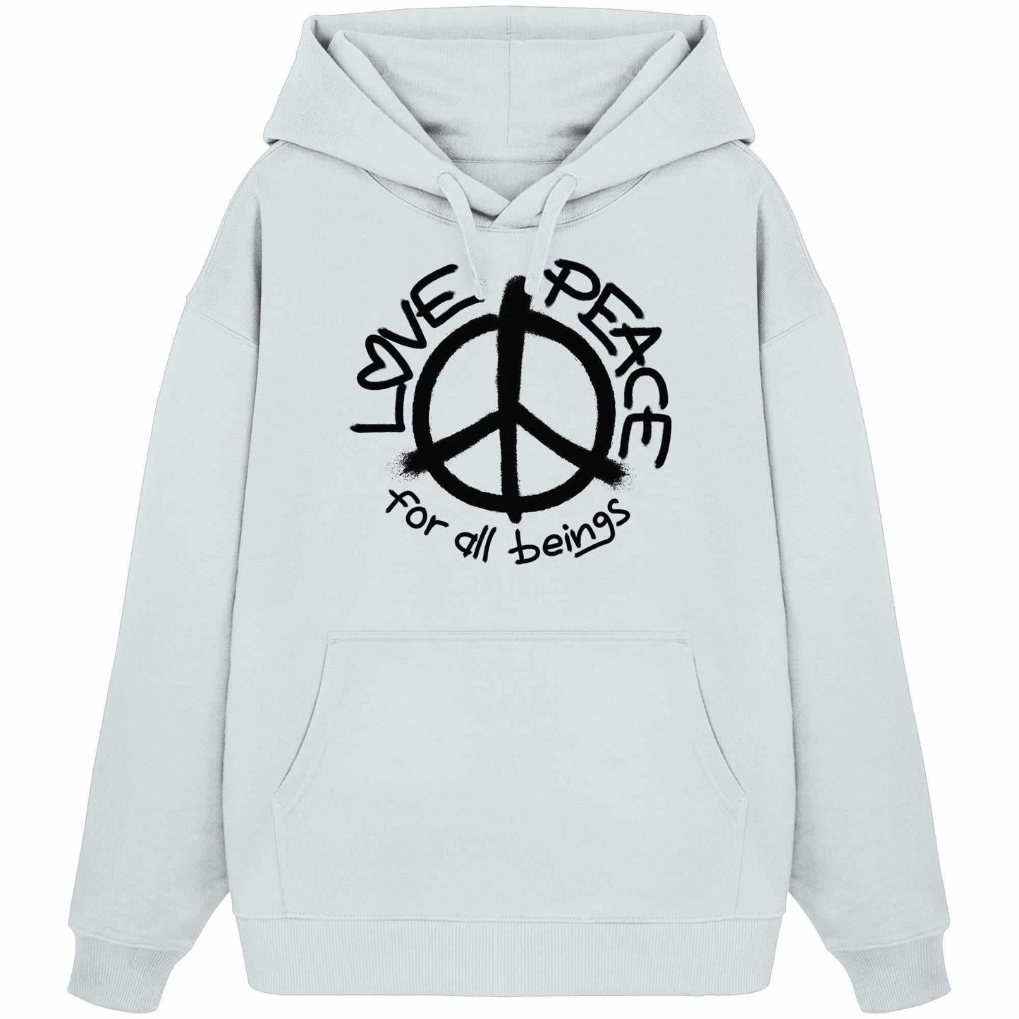 Vegan und Bio Oversized Hoodie: LOVE and PEACE für alle Wesen, mit Friedenssymbol, aus 100% Bio-Baumwolle. Lockerleichter Hippie-Stil, Kängurutasche, Kapuze.