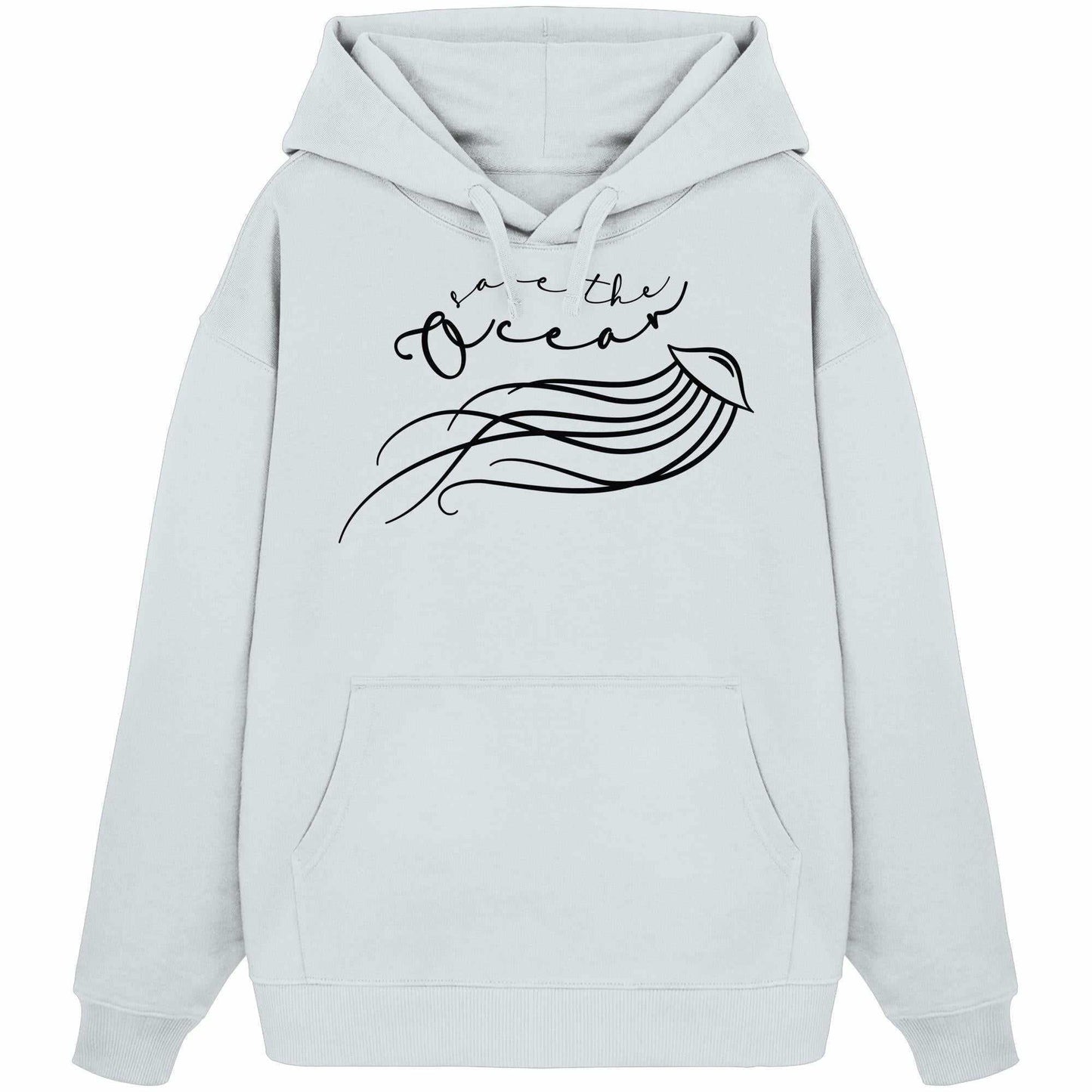 Vegan und Bio Oversized Hoodie: Jellyfish - Save the Ocean, weißer Kapuzenpullover mit schwarzem Design, Kängurutasche, 100% Bio-Baumwolle, betont Meeres- und Umweltschutz.