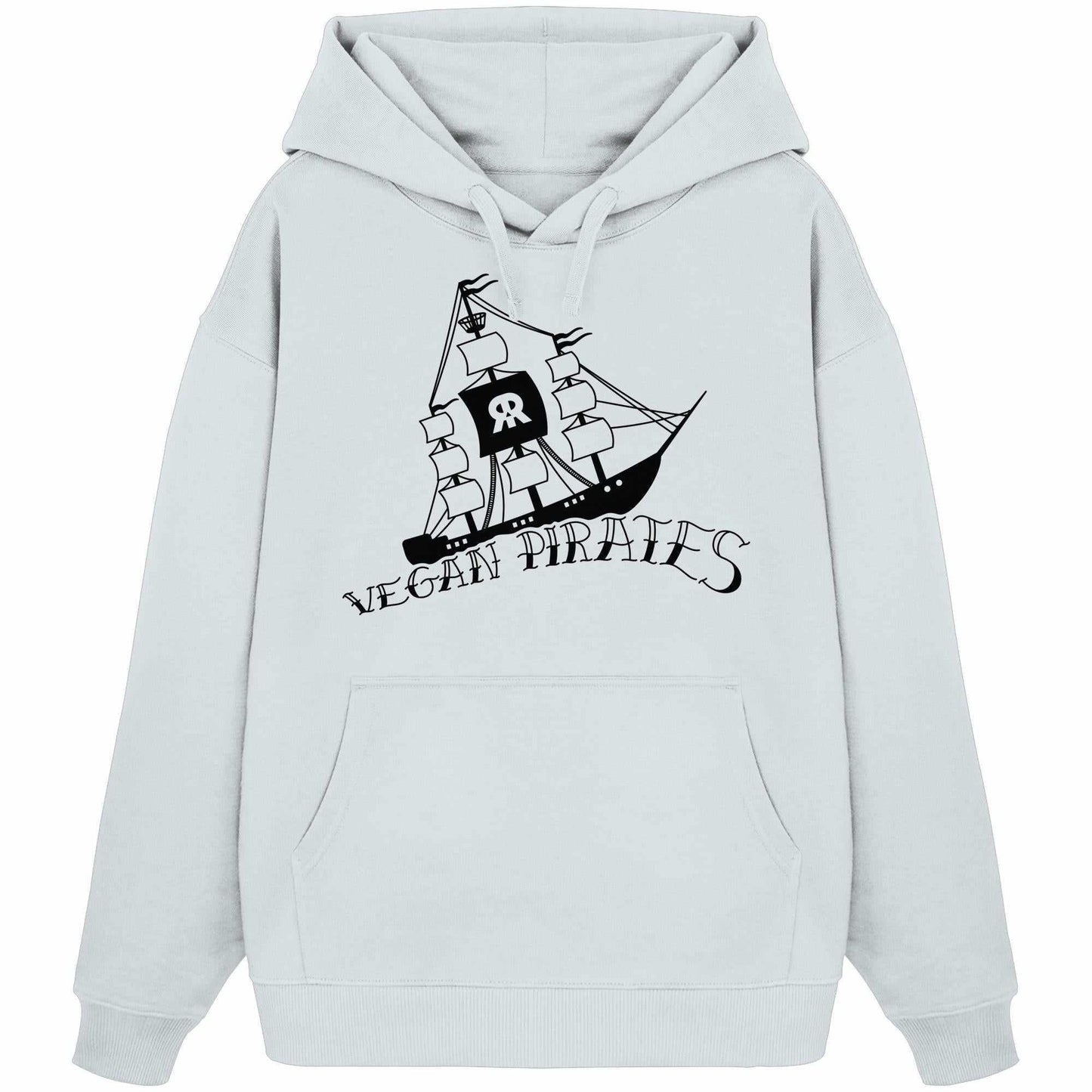 Weißer Vegan und Bio Oversized Hoodie mit Piratenschiff-Design, aus 100% Bio-Baumwolle, rebellisch und nachhaltig von RUDE REBEL.