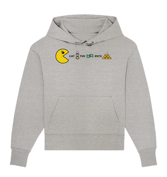 Vegan, Organic & Recycled Oversized Hoodie: PAC-MAN - Eat the rich (bedruckt mit PAC-MAN, der einen Diamantring, Geldschein und Goldbarren + Schriftzug isst, das Design befindet sich zwischen Hals und Brust) auf grau