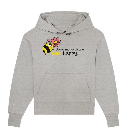 Vegan, Organic & Recycled Oversized Hoodie: Save the bees (bedruckt mit süßer Biene im Comic Stil, kleinem rosa Herz und Blume, Schriftzug, Vegan Merch, Insektenschutz, Rettet die Bienen, Wildbienen schützen, Tierschutz) in grau meliert