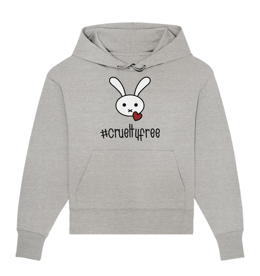 Vegan, Organic & Recycled Oversized Hoodie: Crueltyfree Bunny BIG (weißes süßes Häschen und rotes Herz mit Schriftzug, gegen Tierersuche in der Kosmetikindustrie, Vegan für die Tiere, Veganismus) in grau