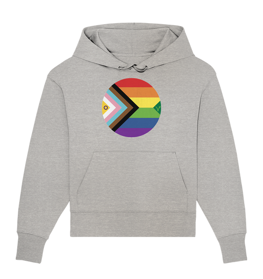 Vegan, Organic & Recycled Oversized Hoodie: LGBTQAI+ VEGAN BIG (Queer Fahne in Kreisform und ein V für Veganismus, Solidarität, Veganismus, LGBTQ Community) in hellgrau