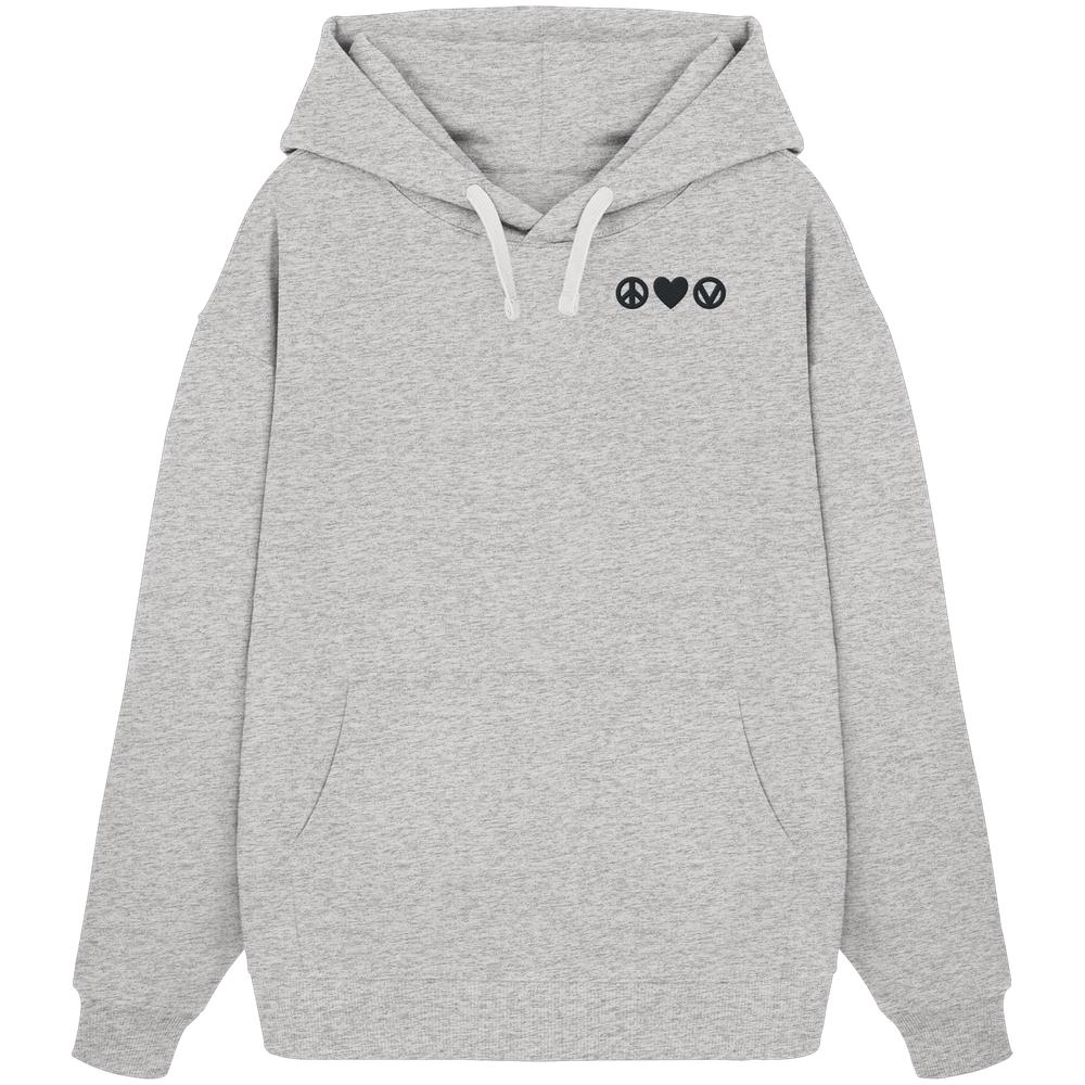 Vegan und Bio Oversized Hoodie bestickt: Peace - Love - Veganism. Hellgrauer Hoodie mit Kängurutasche, Kapuze, und gestickten Symbolen für Frieden, Liebe und Veganismus auf der Brust.