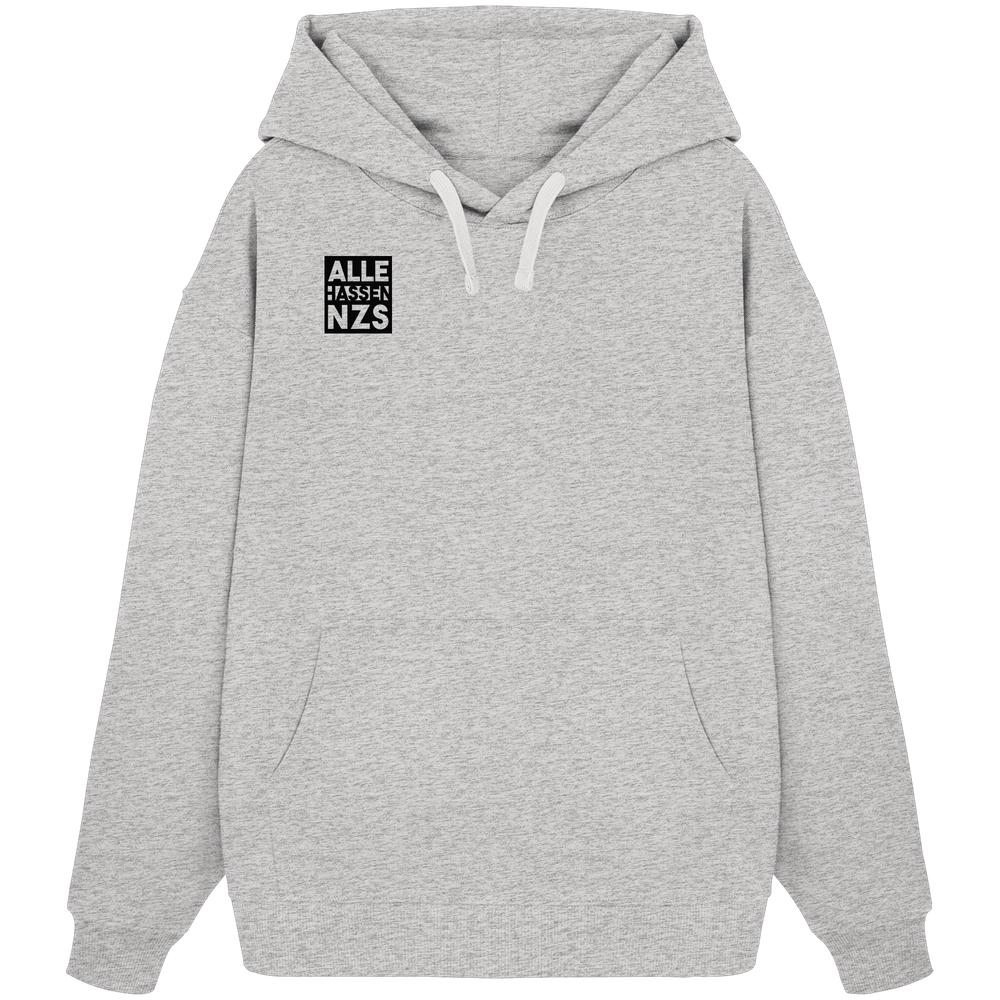 Vegan und Bio Oversized Hoodie: ALLE HASSEN NZS! mit Kängurutasche, weißen Kordeln und kleinem schwarzen Grafikprint auf der Brust, aus 100% Bio-Baumwolle.