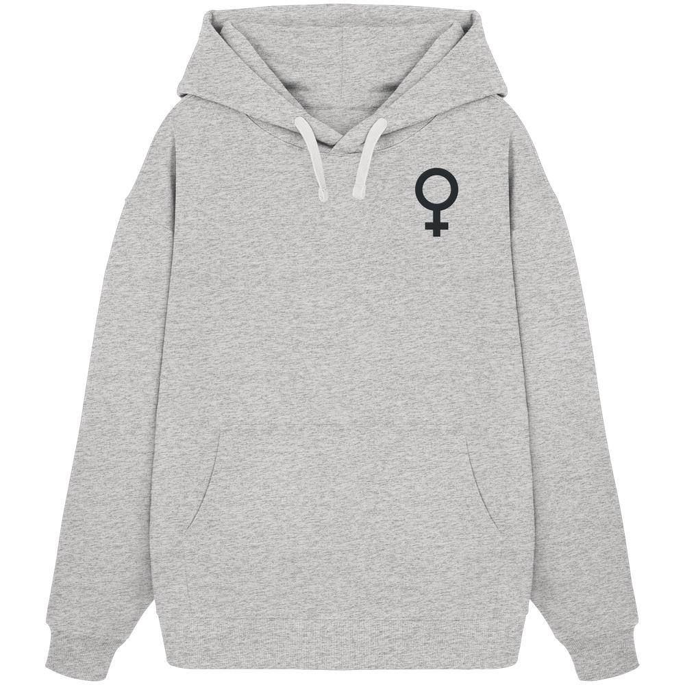 Vegan und Bio Oversized Hoodie mit Venus-Symbol auf der Brust, Kängurutasche, Kapuze mit Kordelzug. Symbolisiert den feministischen Kampf.